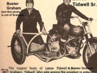 1958 6-0 c7 Lance Tidwell Sr., (mounted) & Buster Graham (monkey) win Sidecar class