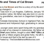 2015 5-0 pg 1a Life & Times, Cal Brown BIO. INDIAN CHIEF & JAMES CYCLE