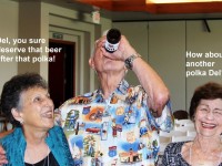 Irene & Jan and Del with a beer